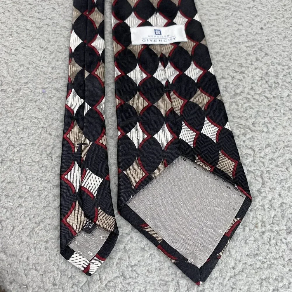 Vintage Givenchy Monsieur‎ Tie 100% Silk Mens Black Red Geometric Italian Fabric